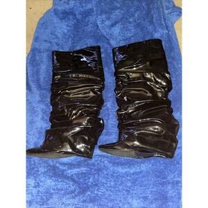 Women's Wedge Heeled Pointed Toe Ruched Wrinkled Black Patent Leather Boots 13